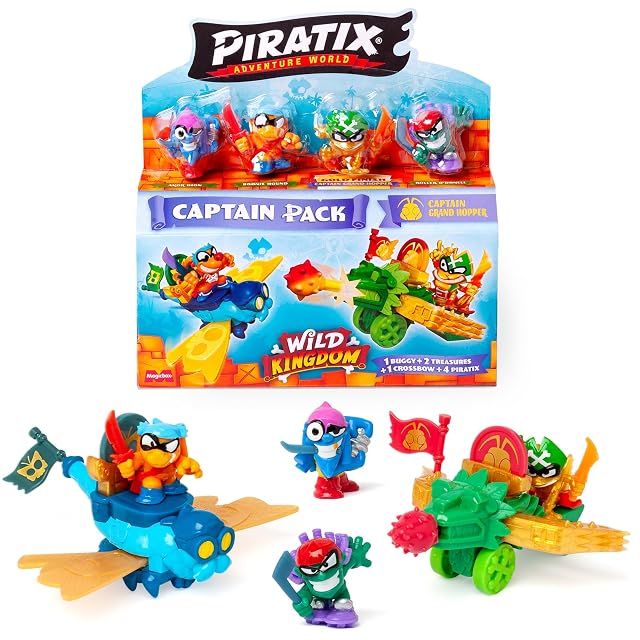 PIRATIX Adventure World Serie Wild Kingdom, Captain Pack Grand Hopper – Incluye 4 Piratix, 1 capitán Dorado, 4 Accesorios Color Change, 1 Buggy, 1 Ballesta, 2 Tesoros exclusivos, 2 Banderas, Pack 6/6