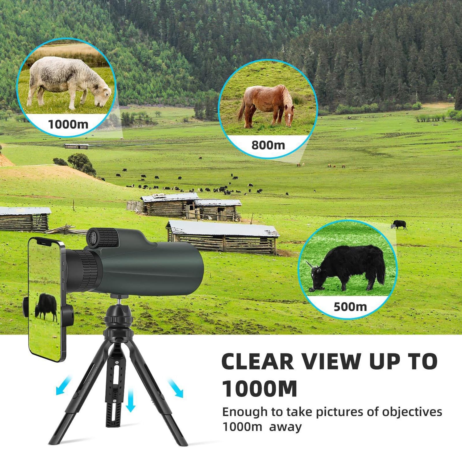 Télescope monoculaire zoom 10-30 x 50 pour adultes – Monoculaire HD haute puissance avec trépied et adaptateur, armure en caoutchouc, monoculaire à grand objectif étanche – pour opéra, observation des