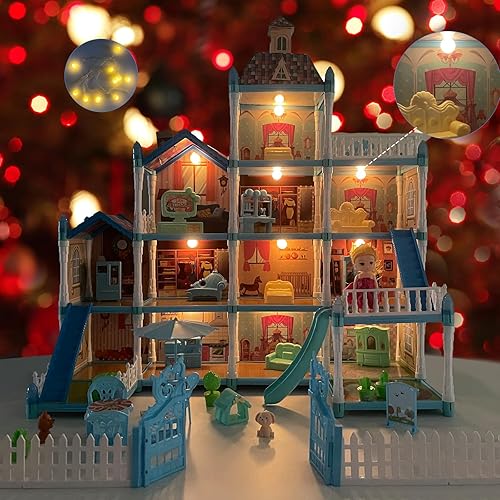 Miniatura 2 de Casa de muñecas de casa de muñecas, juego de construcción de casa de sueños grande de 4 pisos con 12 habitaciones, patio, accesorios y muebles,