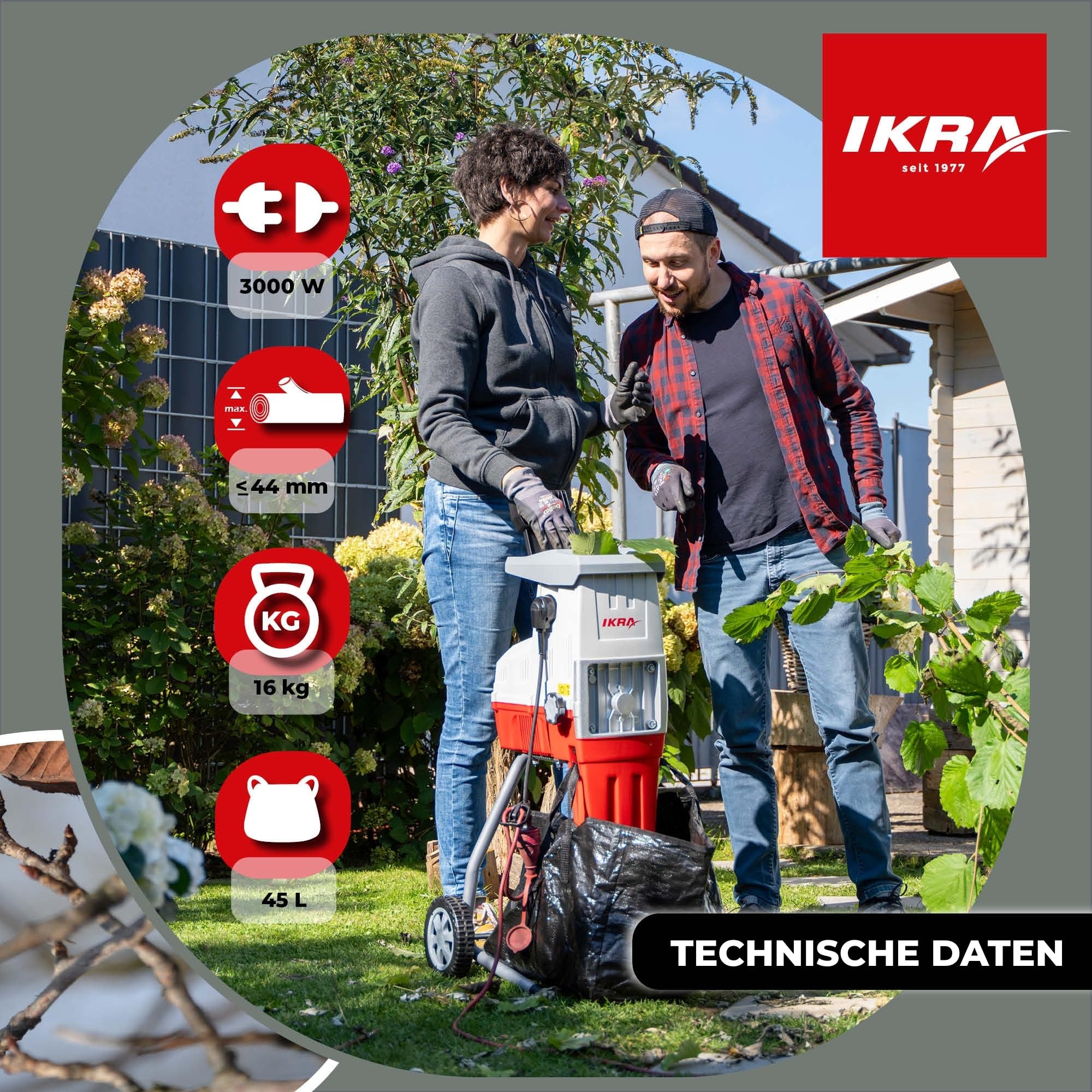 IKRA Elektro Gartenhäcksler Walzenhäcksler ILH 3000S, Aststärke bis 44mm | Hochleistungsmotor, leise robust wartungsarm, starke 3000 Watt, selbstständiger Asteinzug, automatischer Rückwärtslauf