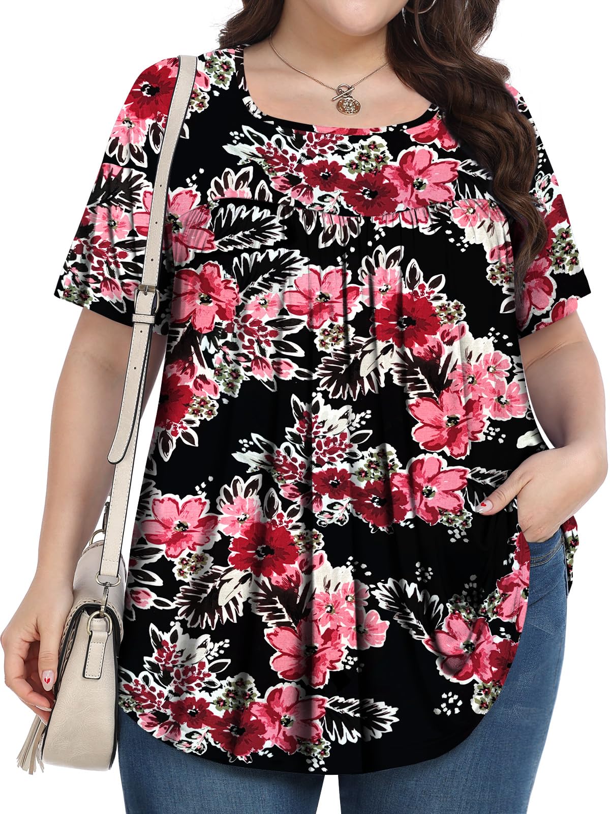 PEVRL Plus Size Tops for Women Summer 2026 Short Sleeve Shirts Tunics Square Neck Casual Loose Blouses 1X-5X