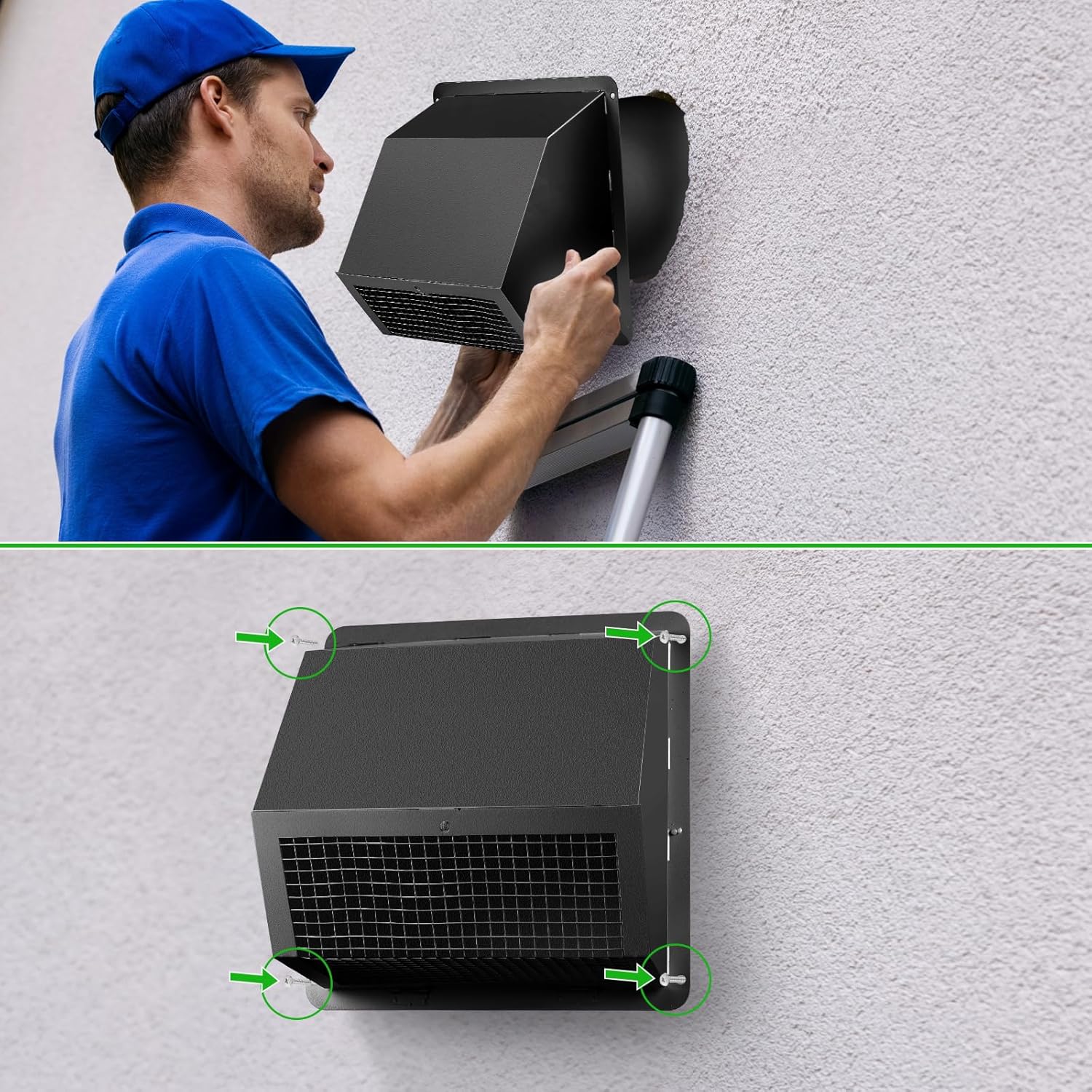 8 Inch Hooded Wall Vent with Screen and Damper, Galvanized Steel Wall Exhaust Vent Cover with Duct Clamps and Aluminum Foil Tape for Kitchen Range Hood and Dryer, Bathroom Exhaust, Basement, Black