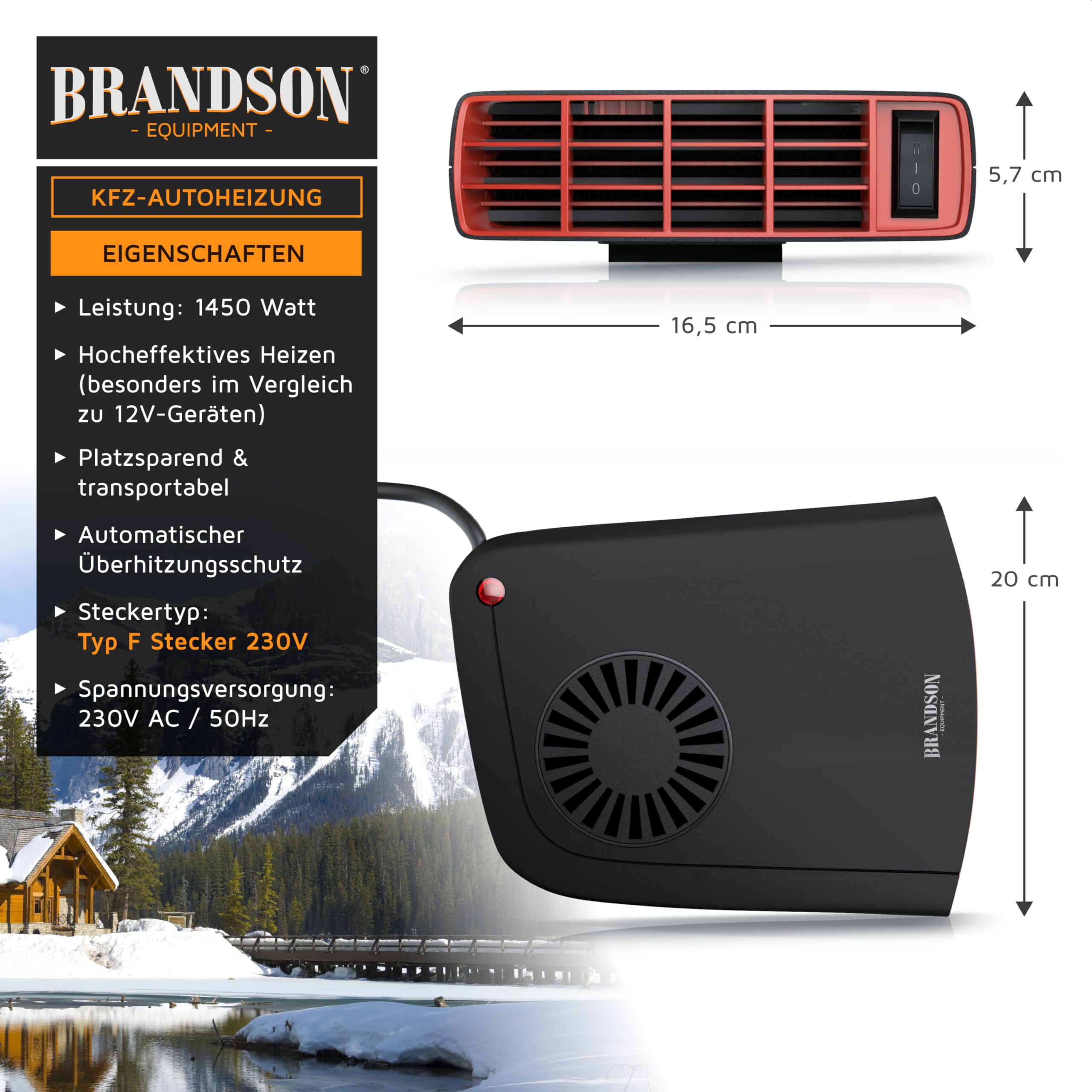 Brandson - Innenraumheizung - mobile Auto Heizung - PKW - Komfort Entfroster Standheizung Heizlüfter - 2 Heizlevel - 1450W - automatischer Überhitzungsschutz - transportabel