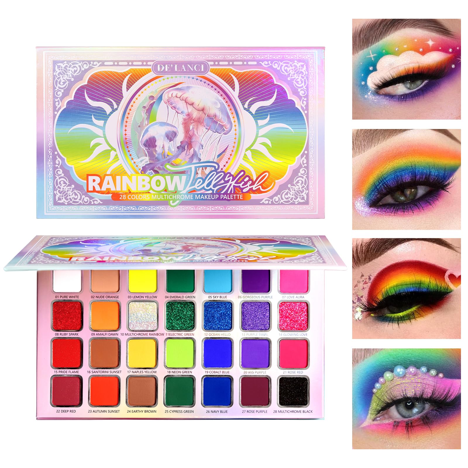 DE'LANCI Colorful Eyeshadow Palette, 28 Colors Neon Rainbow Multichrome Bright Eyeshadow Palette, High Pigment Vibrant Face Paint Iridescent Pride Makeup Long Lasting Daily Festival SFX Goth Look