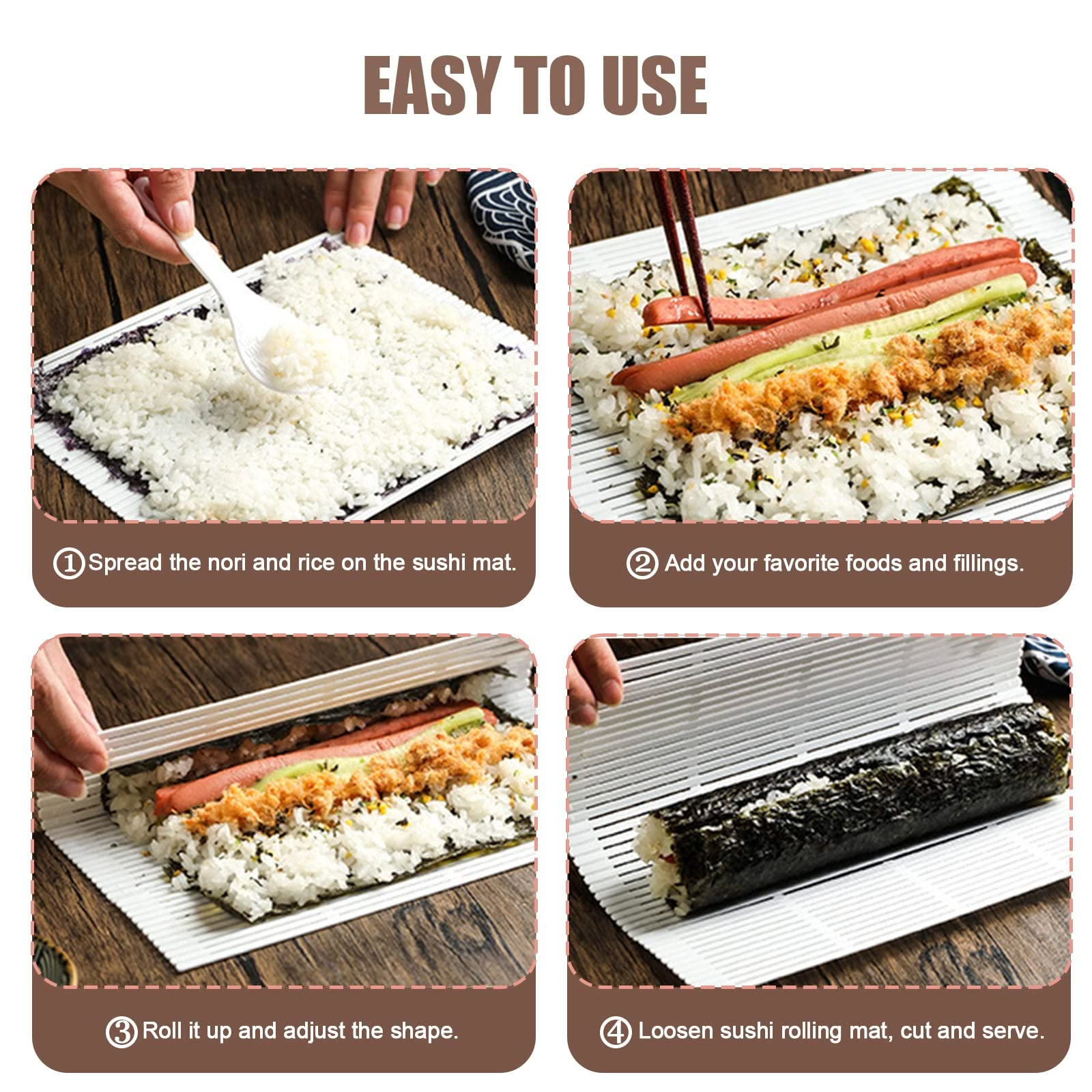 4 alfombrillas de plástico antiadherentes para sushi, kit de fabricación de rodillos de sushi hecho en casa con paleta de arroz, tapete de cocina de sushi japonés para el hogar, cocina y 3