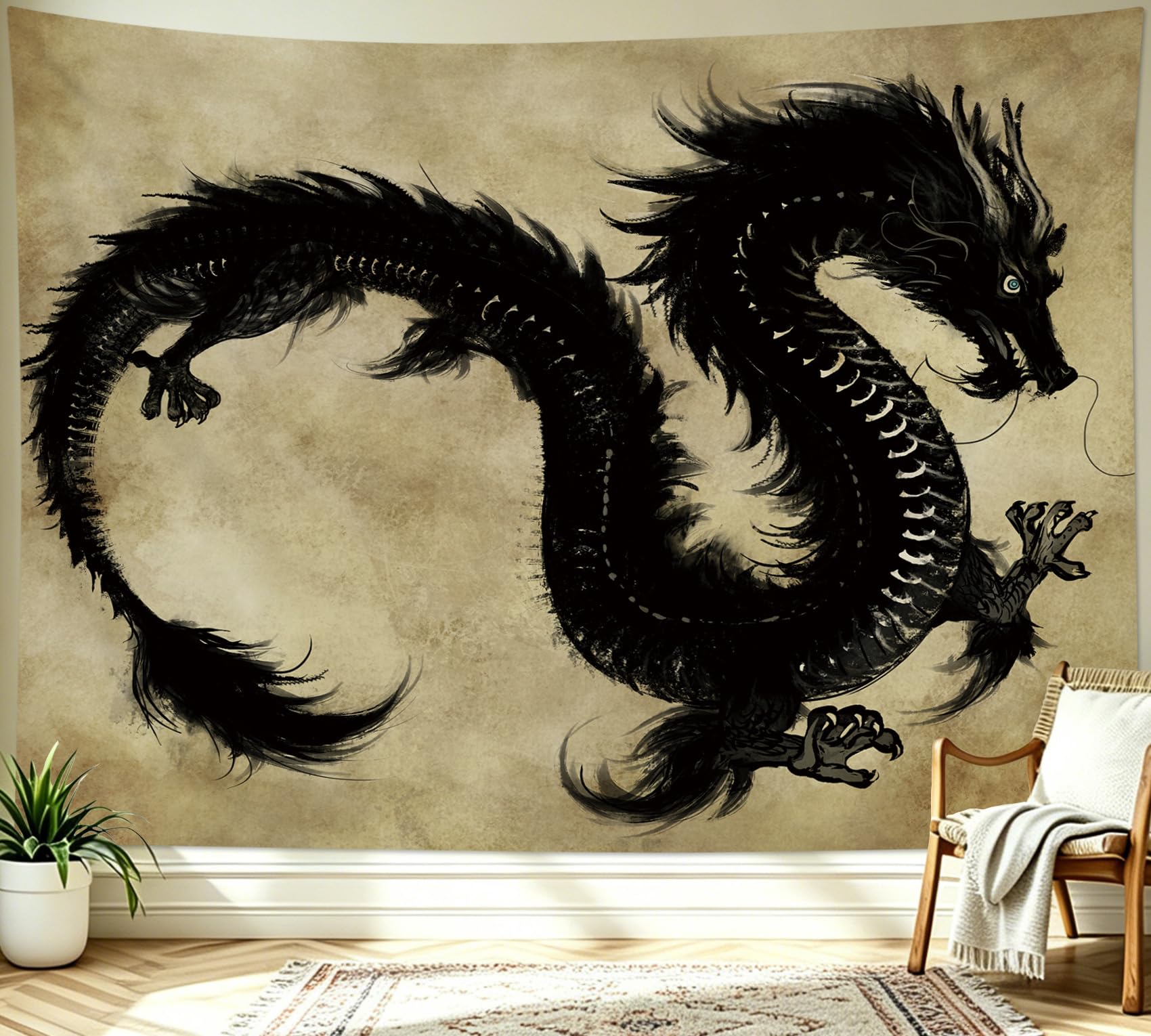 LB Black Dragon Tapestry Wall Hanging- Japanese Chinese Animal Vintage Home Decor for Bedroom Living Room Nursery, 59x39 inches