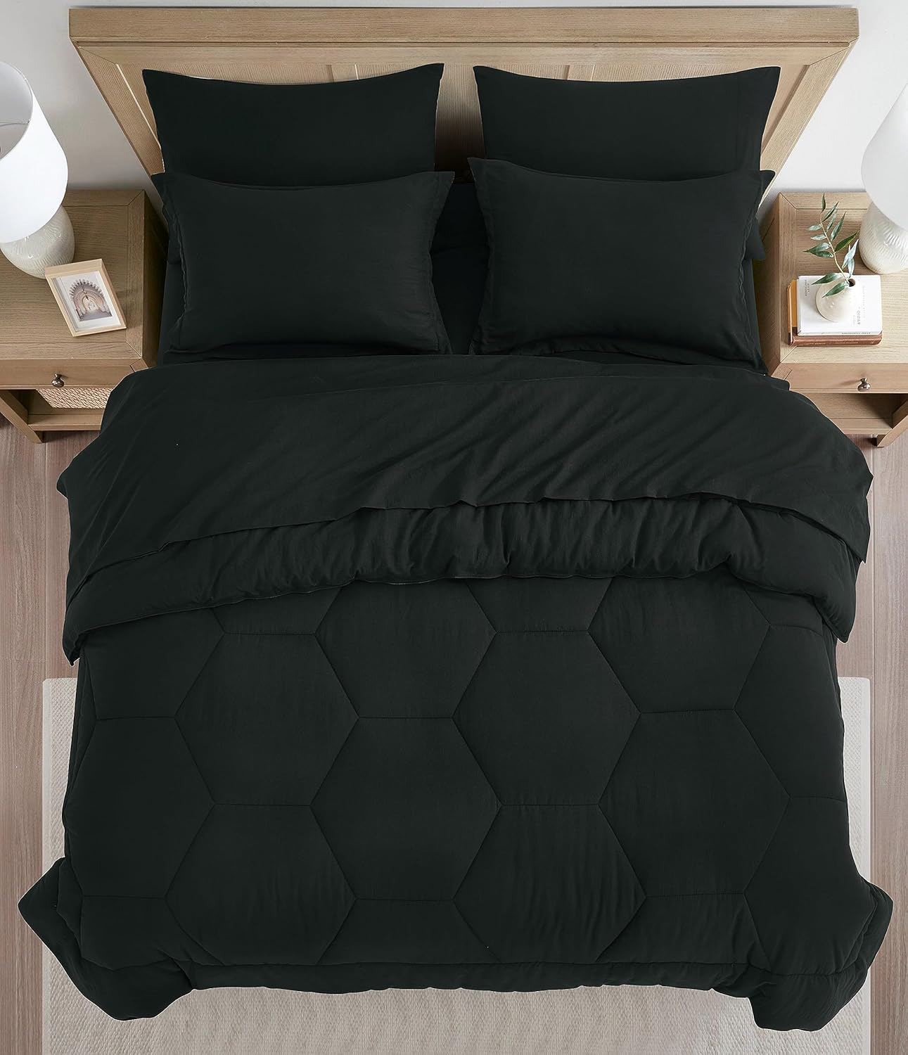 Chezmoi Collection Piper Oversized Queen Bed in a Bag 7-Pieces Honeycomb Geometric Hexagon Quilted Stone Washed Microfiber Comforter with Sheets Lightweight All Season Bedding (Oversized Queen, Black)