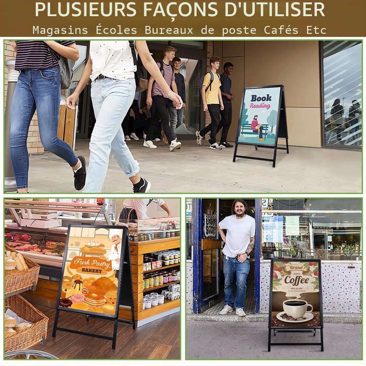 Support Affiche Double Face Extérieur - Panneau Publicitaire A2 en Aluminium pour Menu de Restaurant, Stop Trottoir - Noir