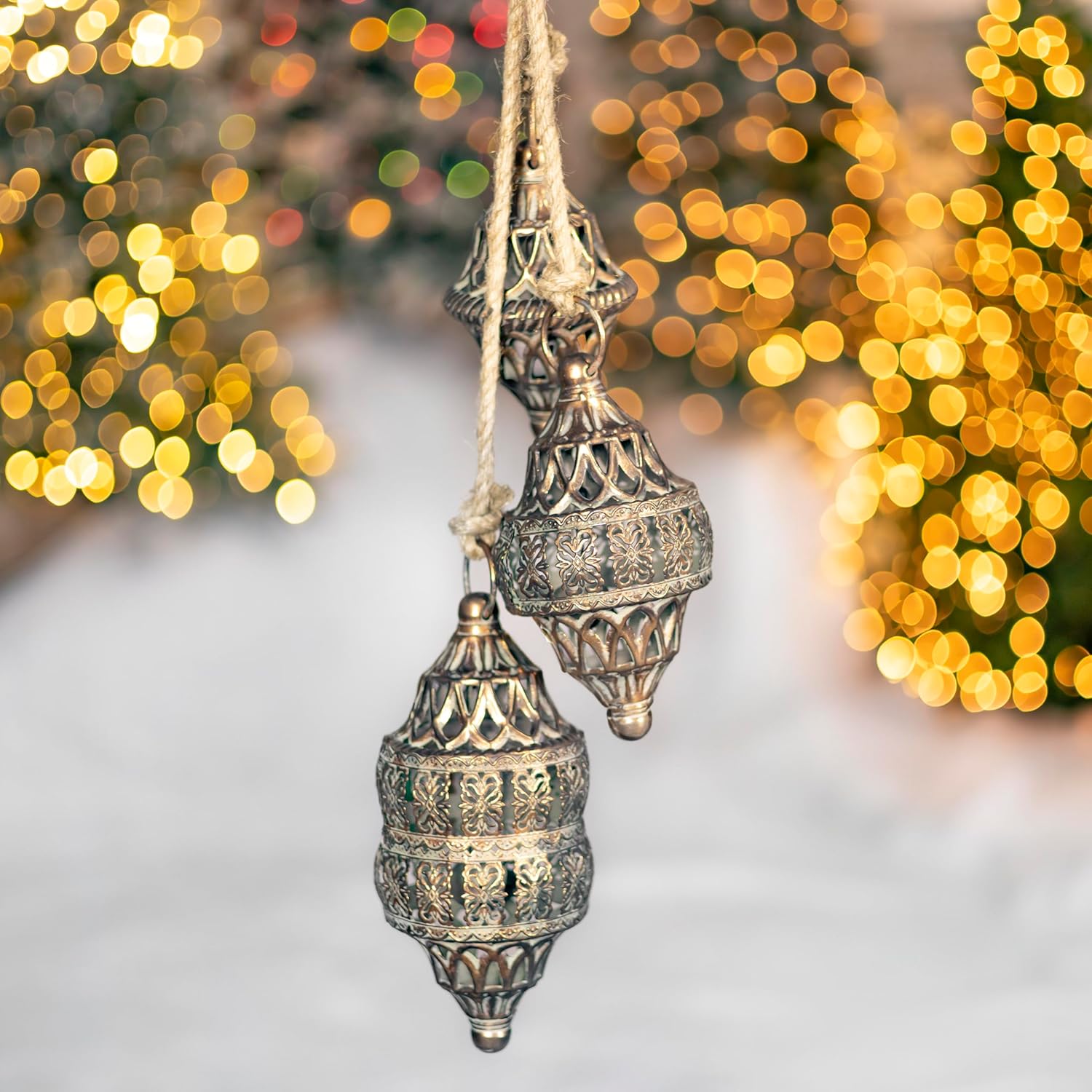 7 Assorted Hanging Three-Piece Iron Bell Cluster Decorations (Gold, Long Chime Style)