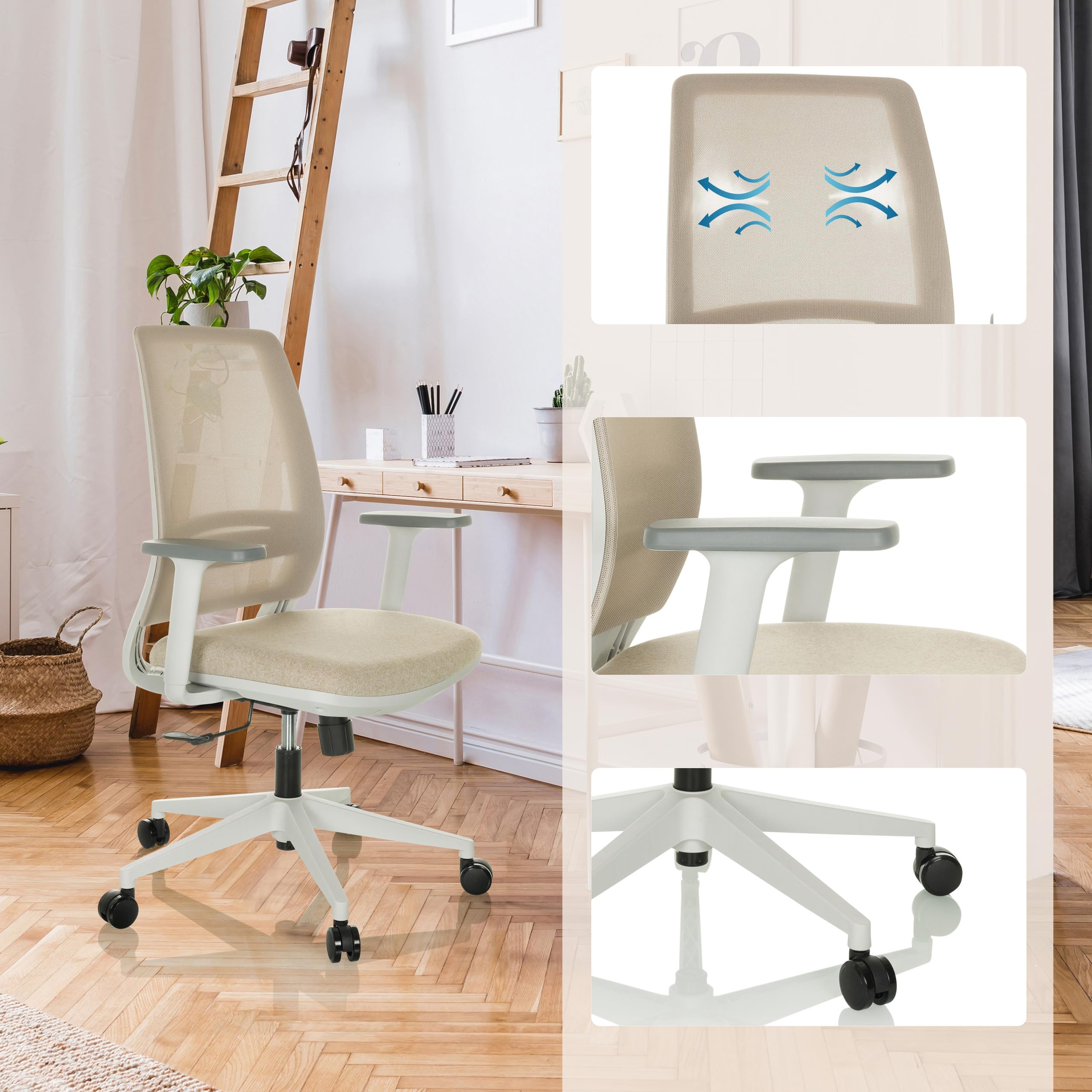 hjh OFFICE Bürostuhl ergonomisch PROFONDO ECO W Drehstuhl atmungsaktiv mit Verstellbarer Lordosenstütze, Beige Netzstoff/Stoff