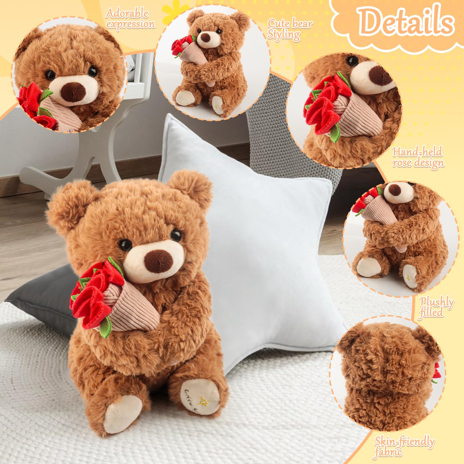 Oso de peluche con rosa y gorro, 30 cm, oso de tela, oso de peluche, suave oso de peluche, regalo de San Valentín (marrón)