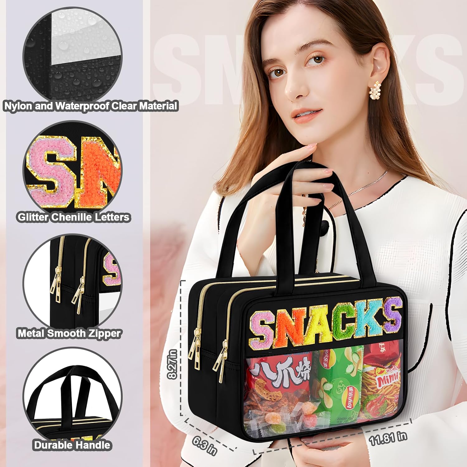 Chenille Letter Clear Makeup Bag, Preppy Clear Snack Bags with Zipper, Stuff Bag Waterproof Sunscreen Bag Travel Toiletry Bag Cosmetic Pouch for Women and Girls (Snacks, Plus Size)