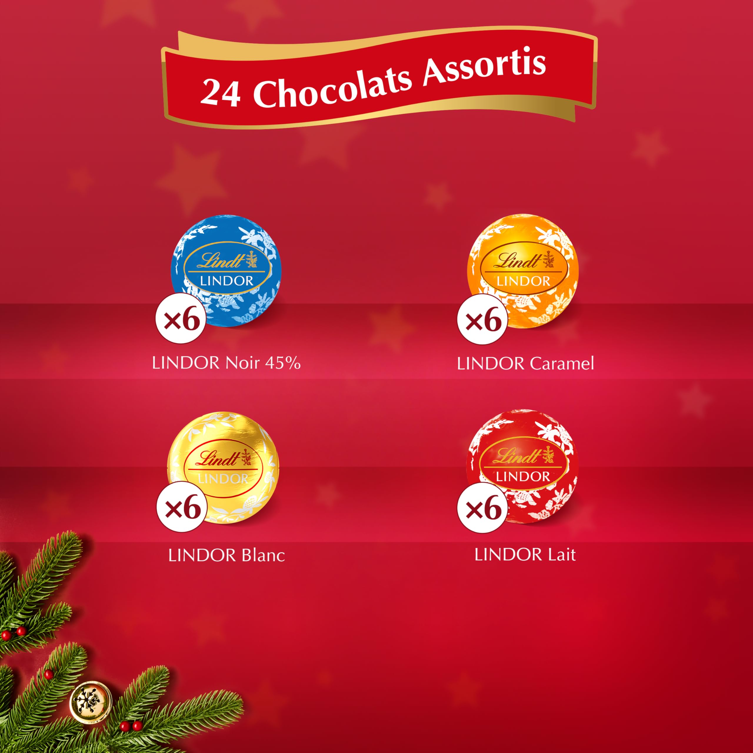 Lindt - Calendrier de l'Avent LINDOR - Assortiment de Chocolats au Lait, Noirs, Blancs, Caramel - Idéal pour Noël, 109g