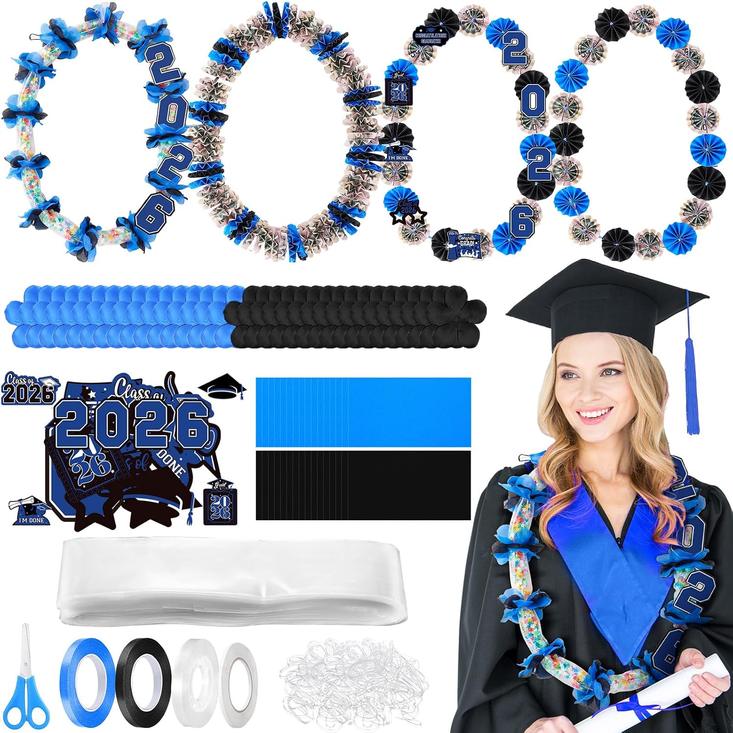 Shinylin 24 Sets 2027 Graduation Candy Lei Making Kit Include Clear Poly Candy Lei Tubing with Flower Card Grad Stickers White Rubber Bands Ribbons Glues for Graduation Party Supplies(Black and Blue)