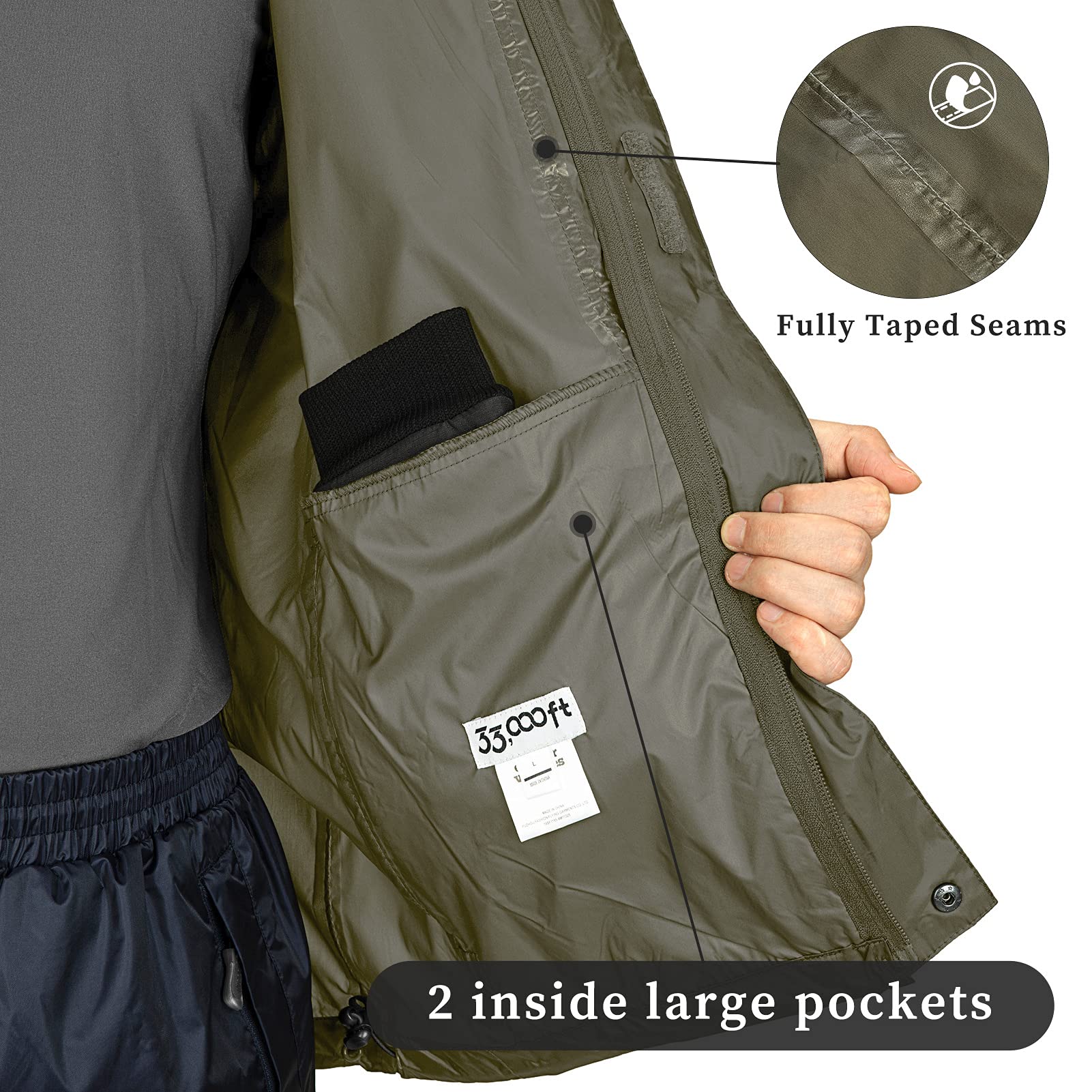 33,000ft Chaqueta de lluvia plegable para hombre ligera e impermeable con capucha plegable, Verde, XXL