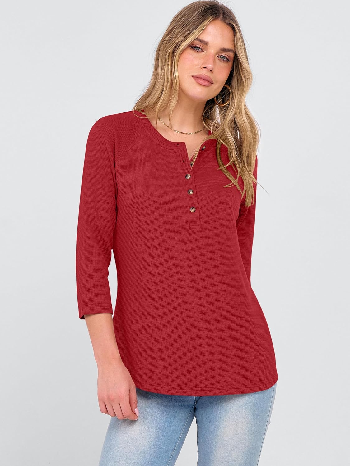 ANRABESS Women's 3/4 Sleeve Waffle Knit Tops V Neck Dressy Casual Button Loose Henley Shirts 2026 Spring Basic Tee Blouse - Image 4