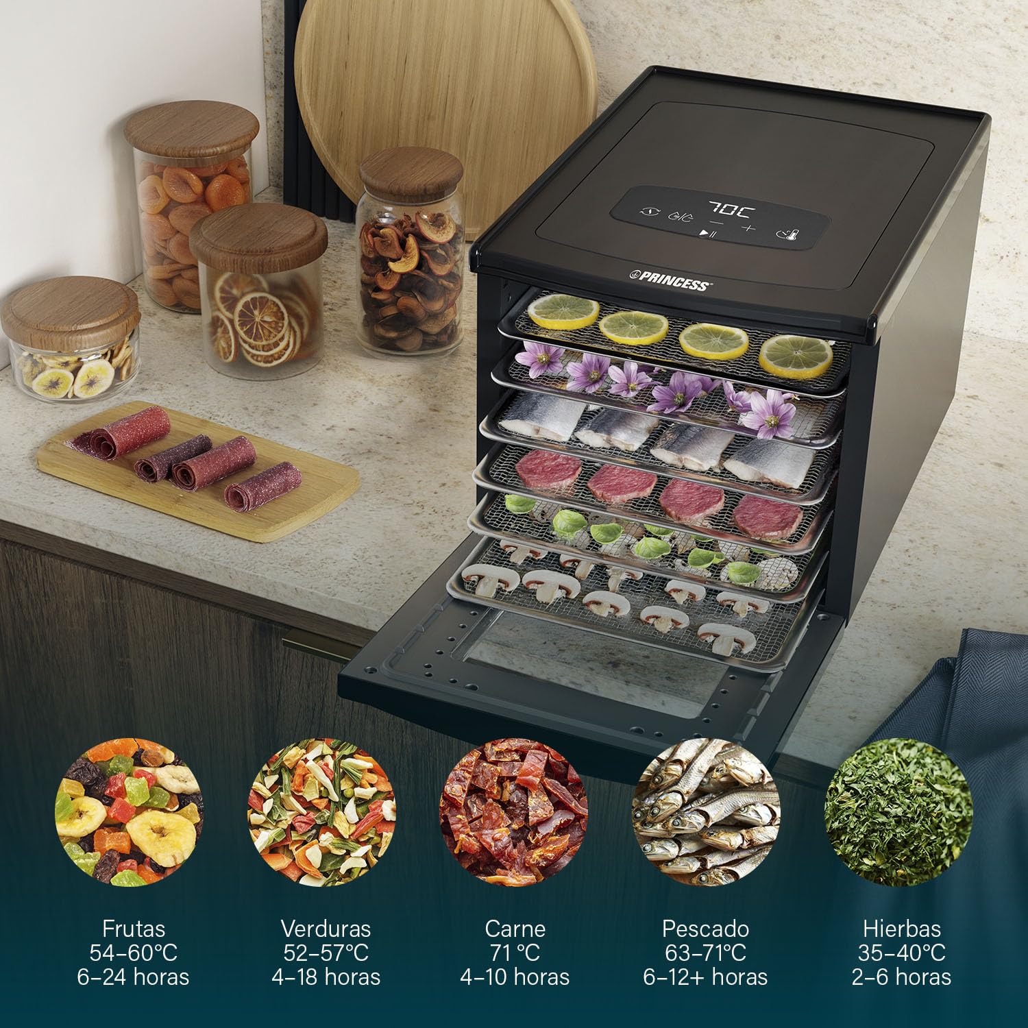 Princess Food Dehydrator con 6 Bandejas de Acero Inoxidable, Temperatura Ajustable, Pantalla Táctil, Temporizador hasta 48 Horas, 550 W, 01.112398.01.001