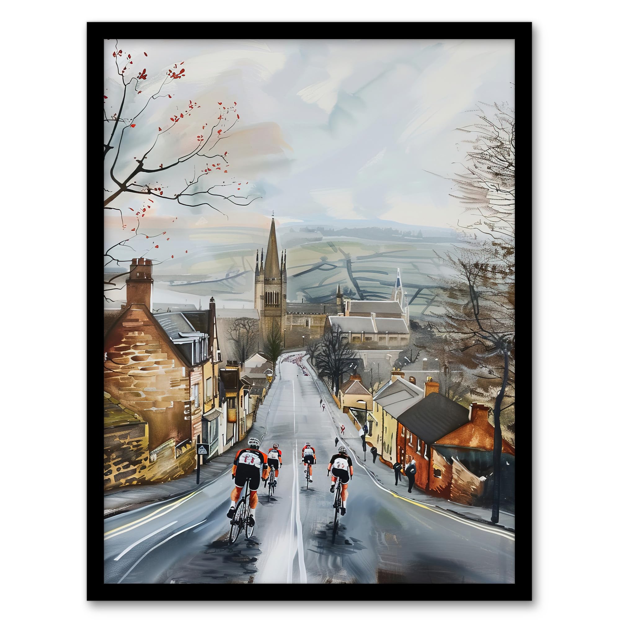 Framed Art Print - Cyclists in Misty Yorkshire Town Street Painting - A4 Size - Grey