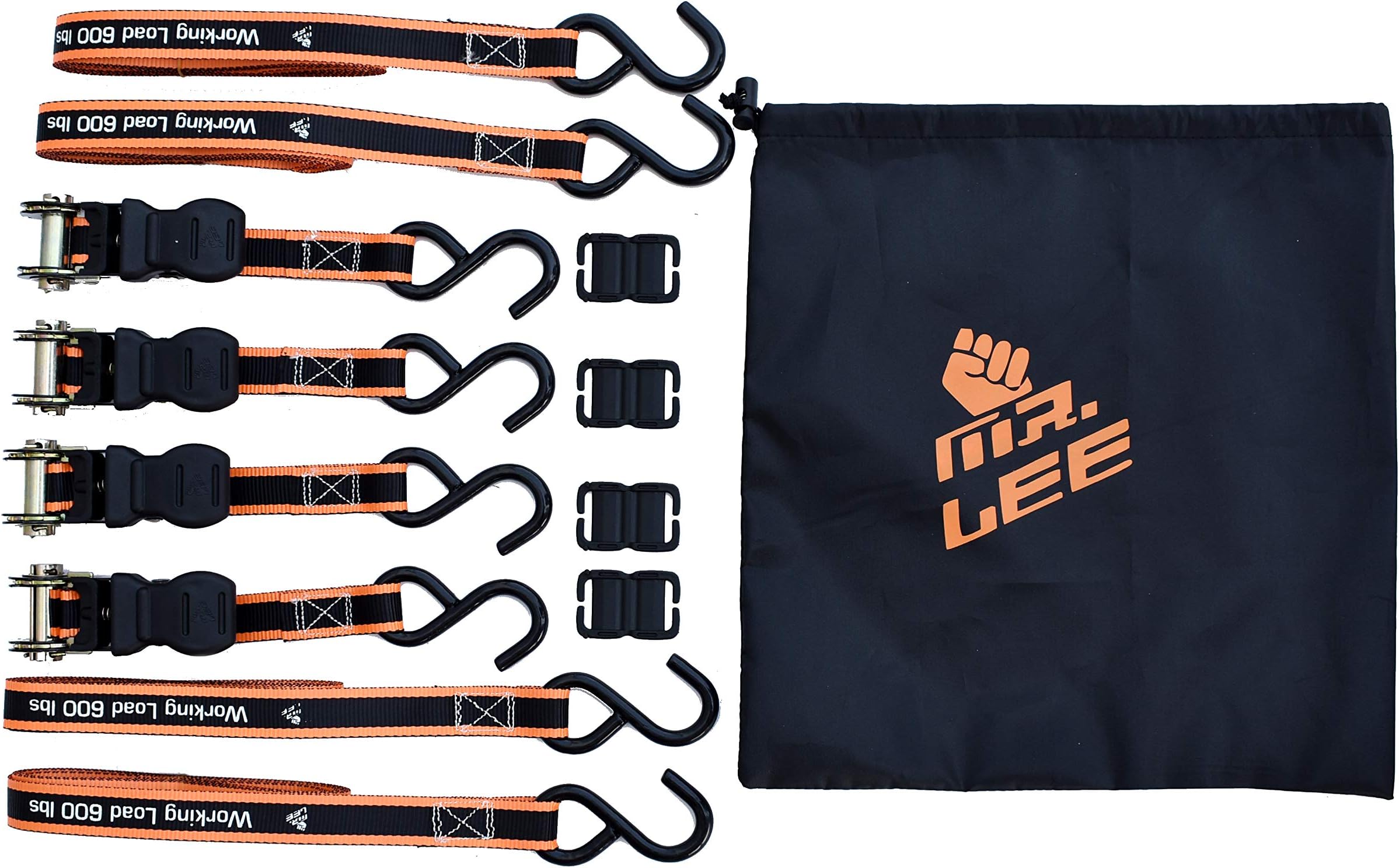 Mr. Lee WT-02016 Ratchet Tie Down Straps 12 X 1 Breaking Strength 1,800lbs, S Hooks 4PK, Trailer Tie Downs, Cargo Straps, Motorcycle Tie Downs, Truck Tie Downs, Car Tie Down Straps