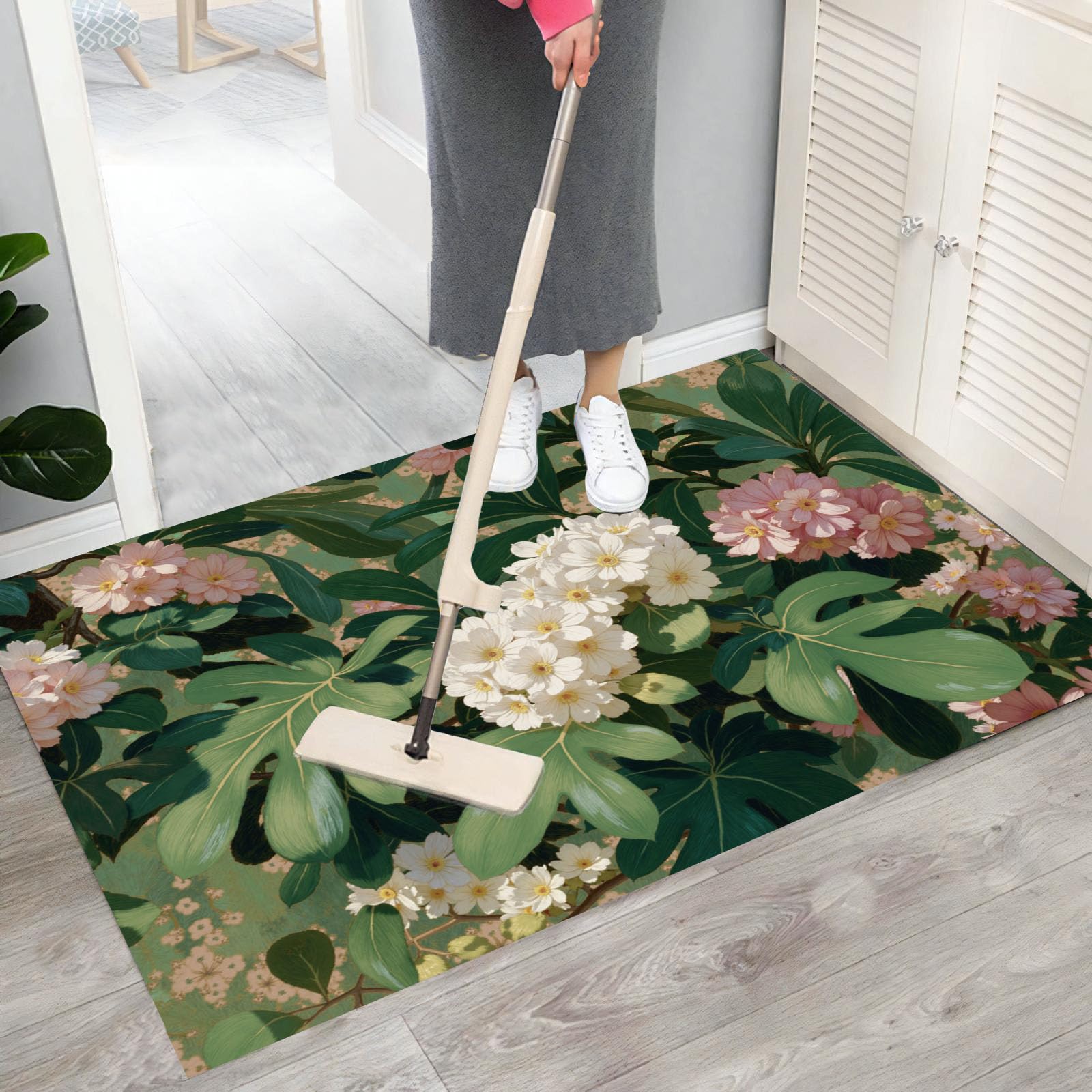 paillasson Fleurs Tropicales - Tapis Robuste Feuilles De Monstera Hortensia 60x90cm - Anti-dérapant Intérieur-Extérieur, Blanches Vertes