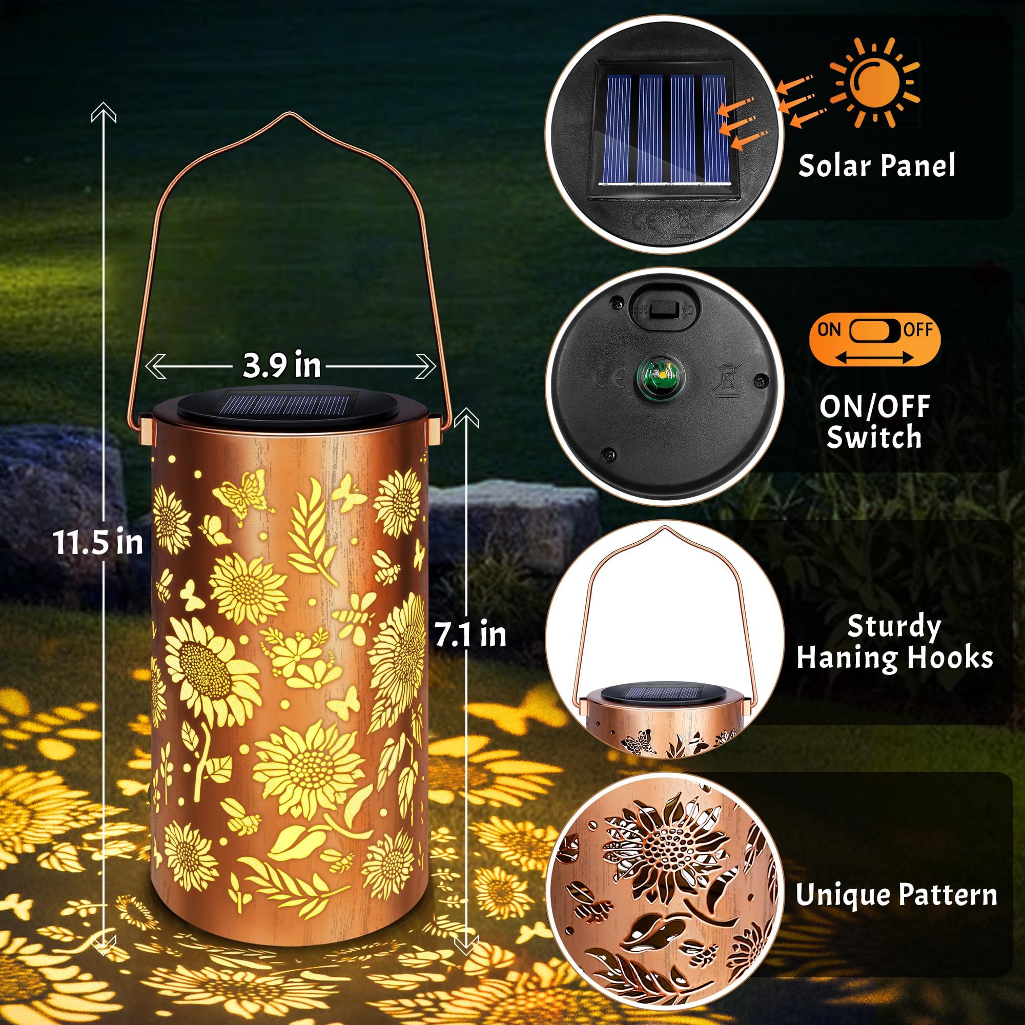 Muttertag Geschenk für Frauen Mama Oma Sonnenblume Solarlampen, Hängende Gartendeko Sonnenblumenlicht, IP65 Wasserdicht Metall Retro LED Solarlampe, Balkon Terrasse Tisch Rasen Terrasse Camping