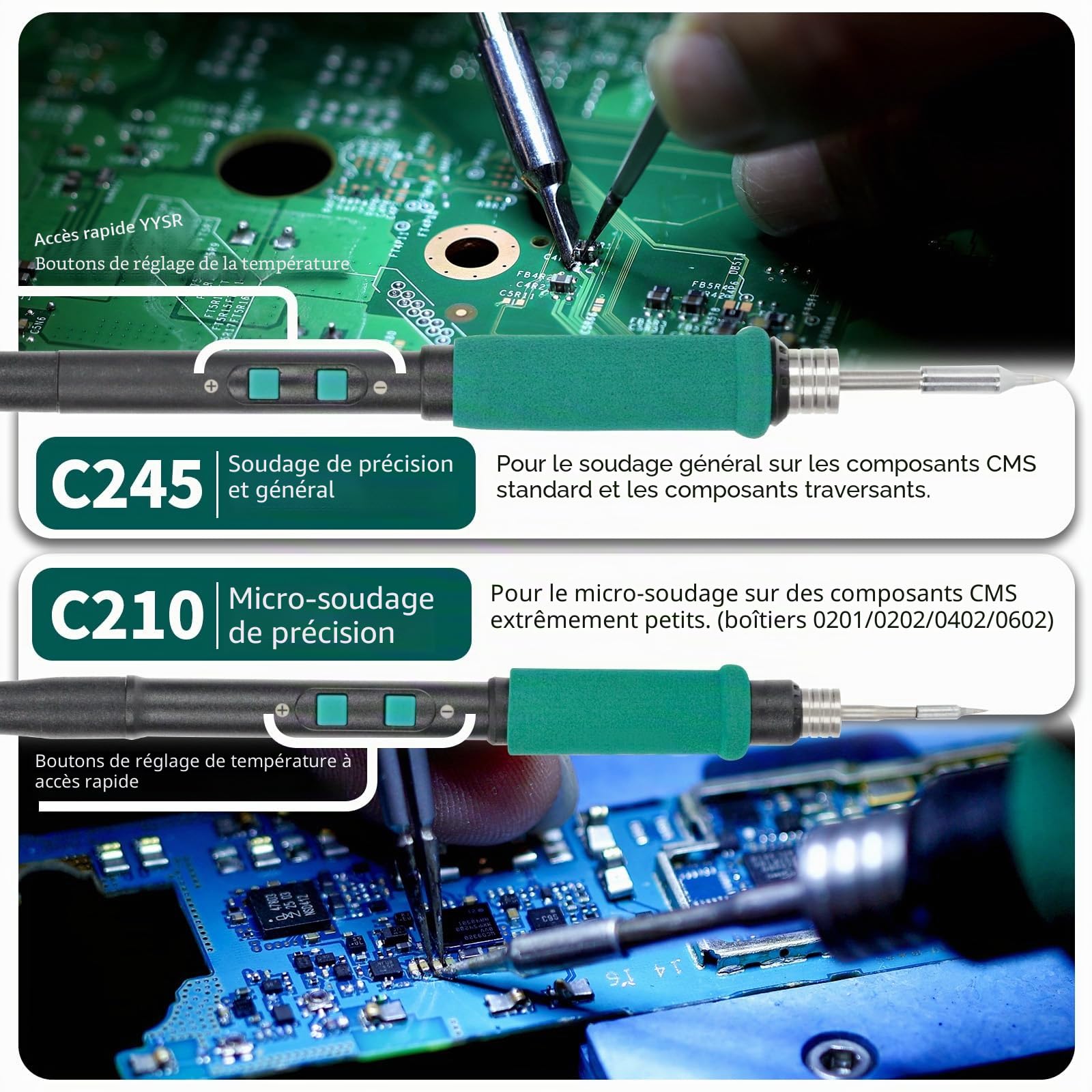YIHUA 982D-II 2-IN-1 Station de Soudage de Précision Fer a Souder avec fer à souder de précision C210 et C245 Calibration Automatique, Écran Adaptatif Contrôle de Rapide Kit de microsoudure（EU Plug）
