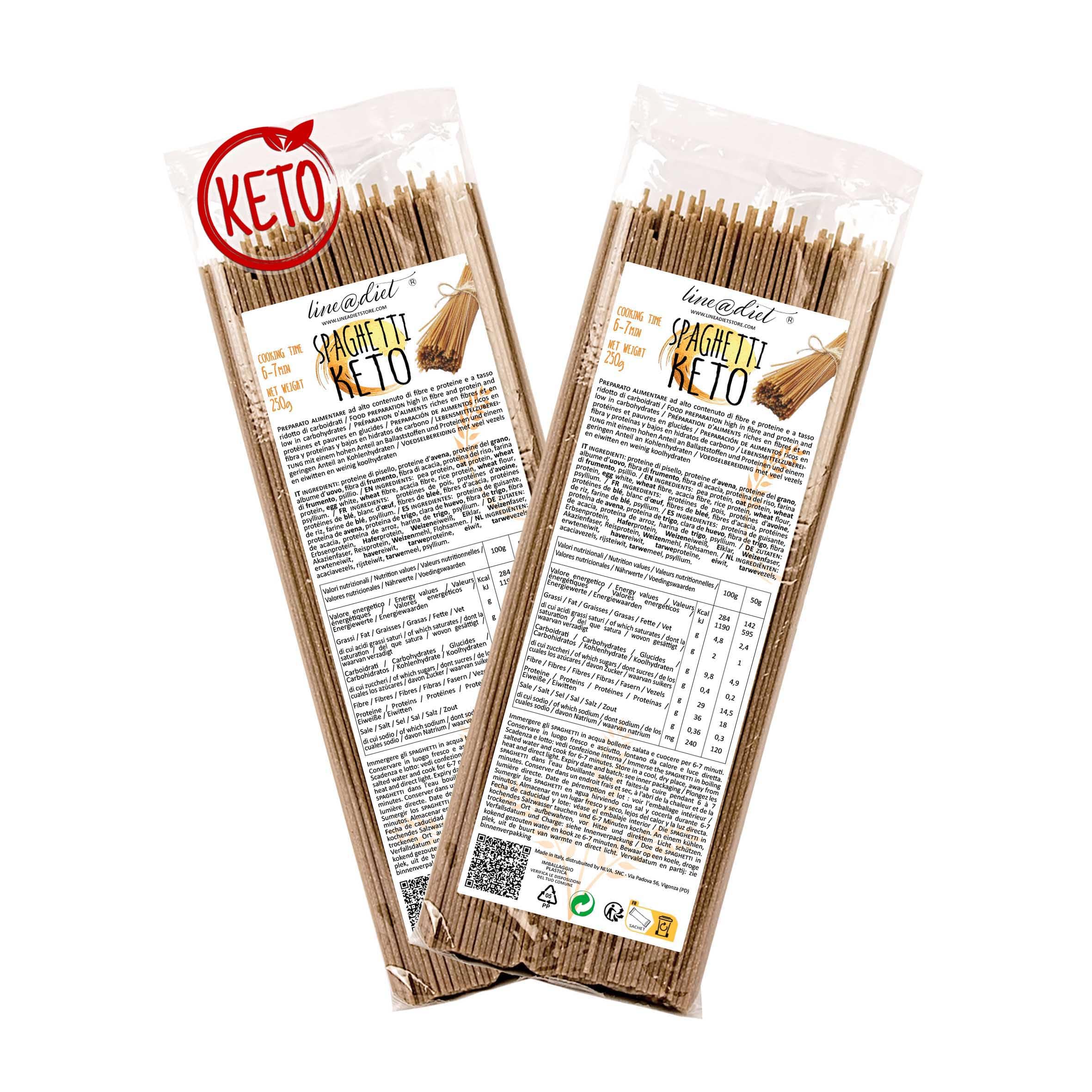 Nouveaux SPAGHETTI cétogènes et protéinés de Line@diet | Pâtes cétogènes et protéinées | pauvres en glucides et 0,​2 g de sucre, riches en fibres et en protéines | 2 paquets de 250 g