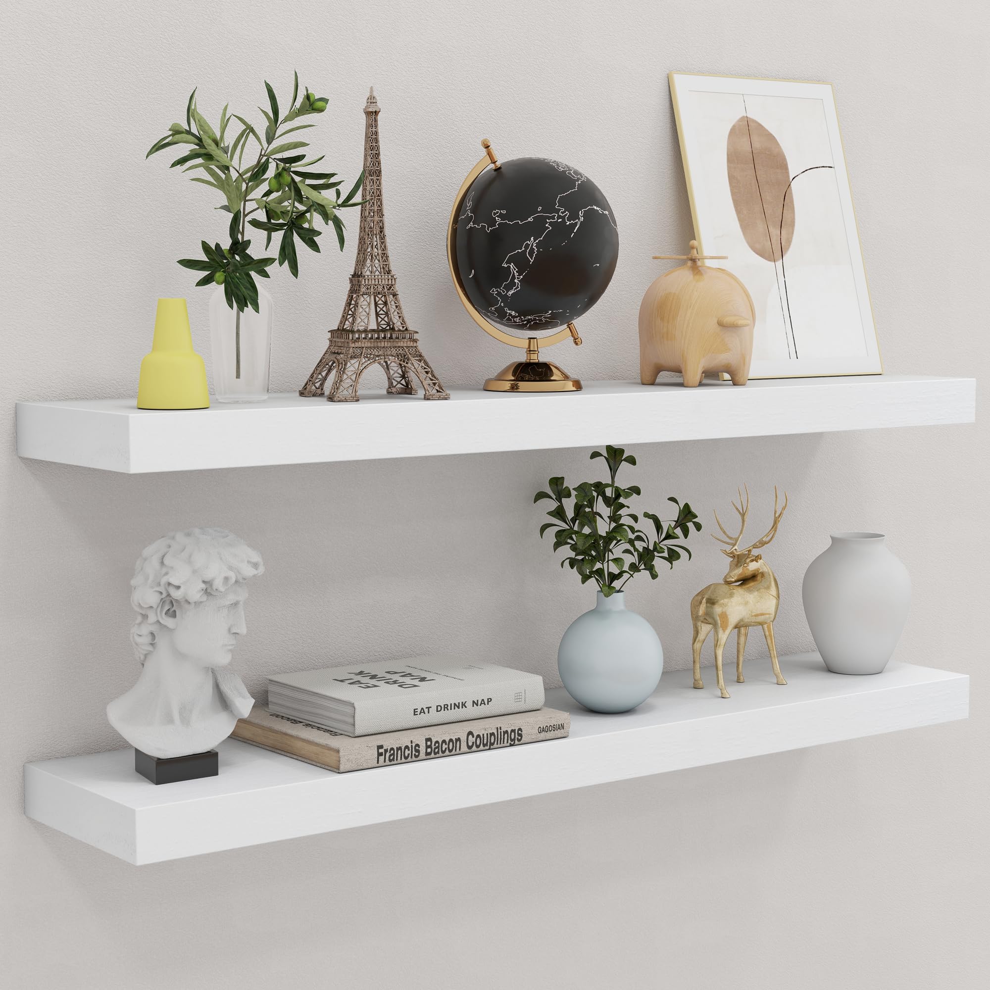 fuqing 36 Inch White Floating Shelves for Wall, Solid Wood White Floating Shelves Set of 2, Lightweight Wood Wall Mounted Shelves for Bathroom Bedroom