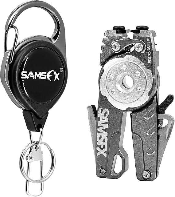 SAMSFX Fishing Tungsten Line Cutter with Zinger Retractors, Fishing Pliers Cutters, Knot Tying Tool, Hook Eye Cleaner, Hook Sharpener, Tune Baits & Loop Tyer Tool