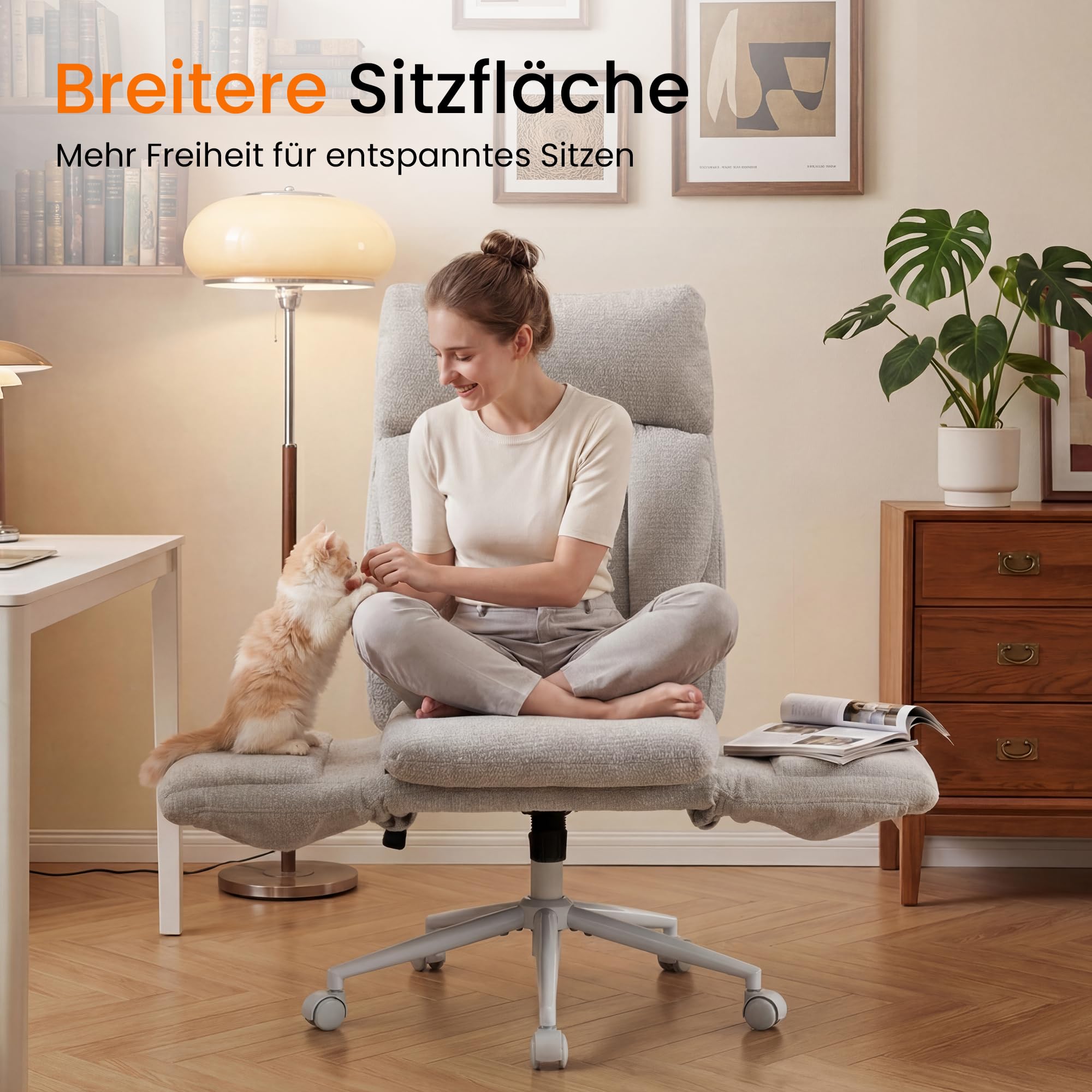 Großer Bürostuhl ergonomisch, Chefsessel mit klappbaren Armlehnen, höhenverstellbar Schneidersitz Schreibtischstuhl mit Rollen, Chenille Drehstuhl mit Verstellbarer Lendenstütze, Grau
