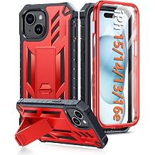 FNTCASE for iPhone 15 Case for iPhone 14 Case & iPhone 13 Case [Built-in Screen Protector & Kickstand] [Military Grade Drop Protection] Heavy Duty Full Protective Shockproof TPU Phone Cover - Red