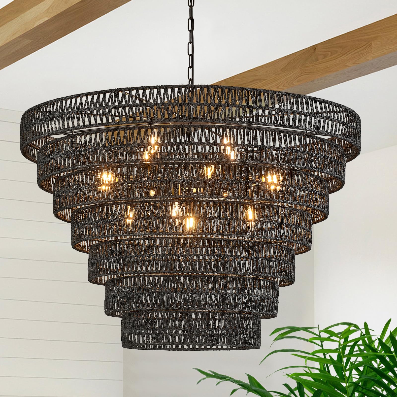Widluth Hand-Woven Rattan Chandelier Vintage Farmhouse 15-Lights Boho Bamboo Large Chandeliers Light Fixture 7-Tier Drum Wicker Chandelier for Dining