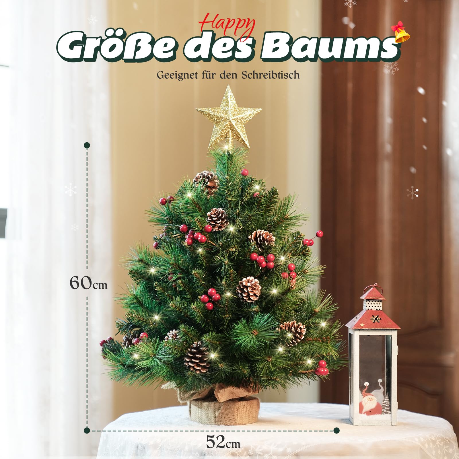 OasisCraft Sapin de Noël artificiel avec étoile au sommet, 60,96 cm, lumières LED claires, base en toile de jute, pour table, bureau et décoration de salon