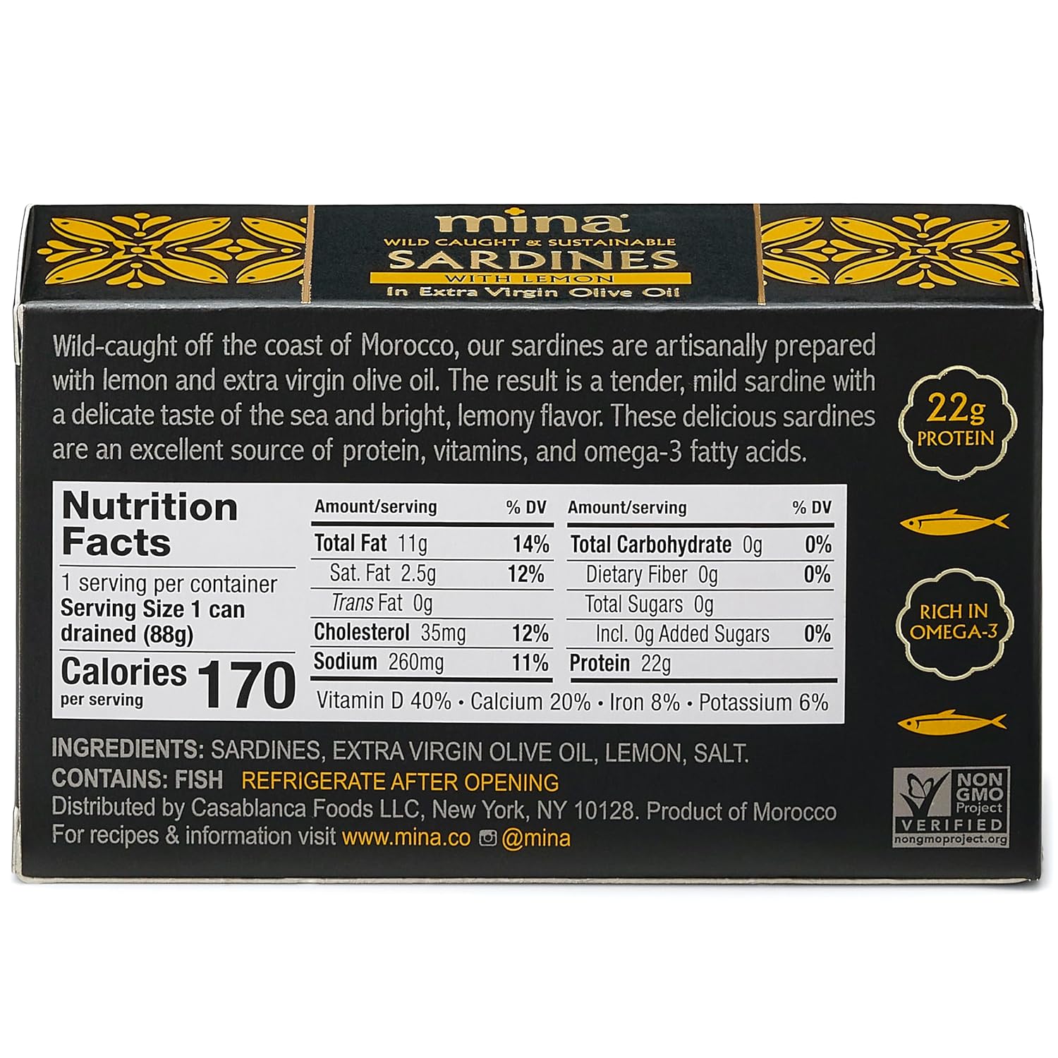 Mina Sardines in Extra Virgin Olive Oil with Lemon, 4.4 oz (Pack of 12), Sardines in Olive Oil Wild Caught, Responsibly Sourced, High in Protein, Omega 3, Vitamin D, Calcium, & Iron, Keto & Paleo