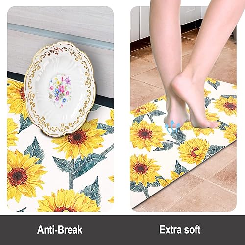 Miniatura 3 de RosieLily Juego de 2 tapetes y tapetes de cocina de girasol, antifatiga, impermeables, de piel de PVC, antideslizantes, tapetes de cocina para el