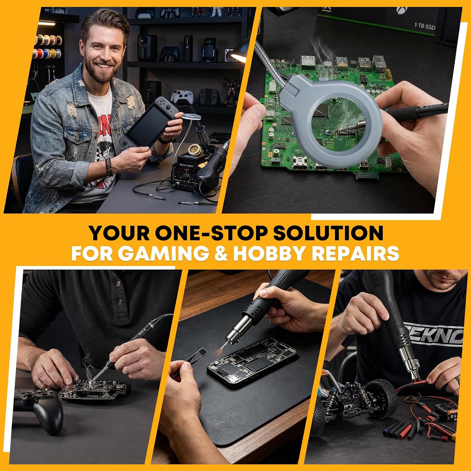 GOORY 938BD-III T12 2-in-1 Hot Air Rework & Soldering Iron Station Kit, 5s Fast Heating with Dual Display, Soldering Kit with Magnifier Lamp, Helping Hands, Tips, Nozzles, Desoldering Pump