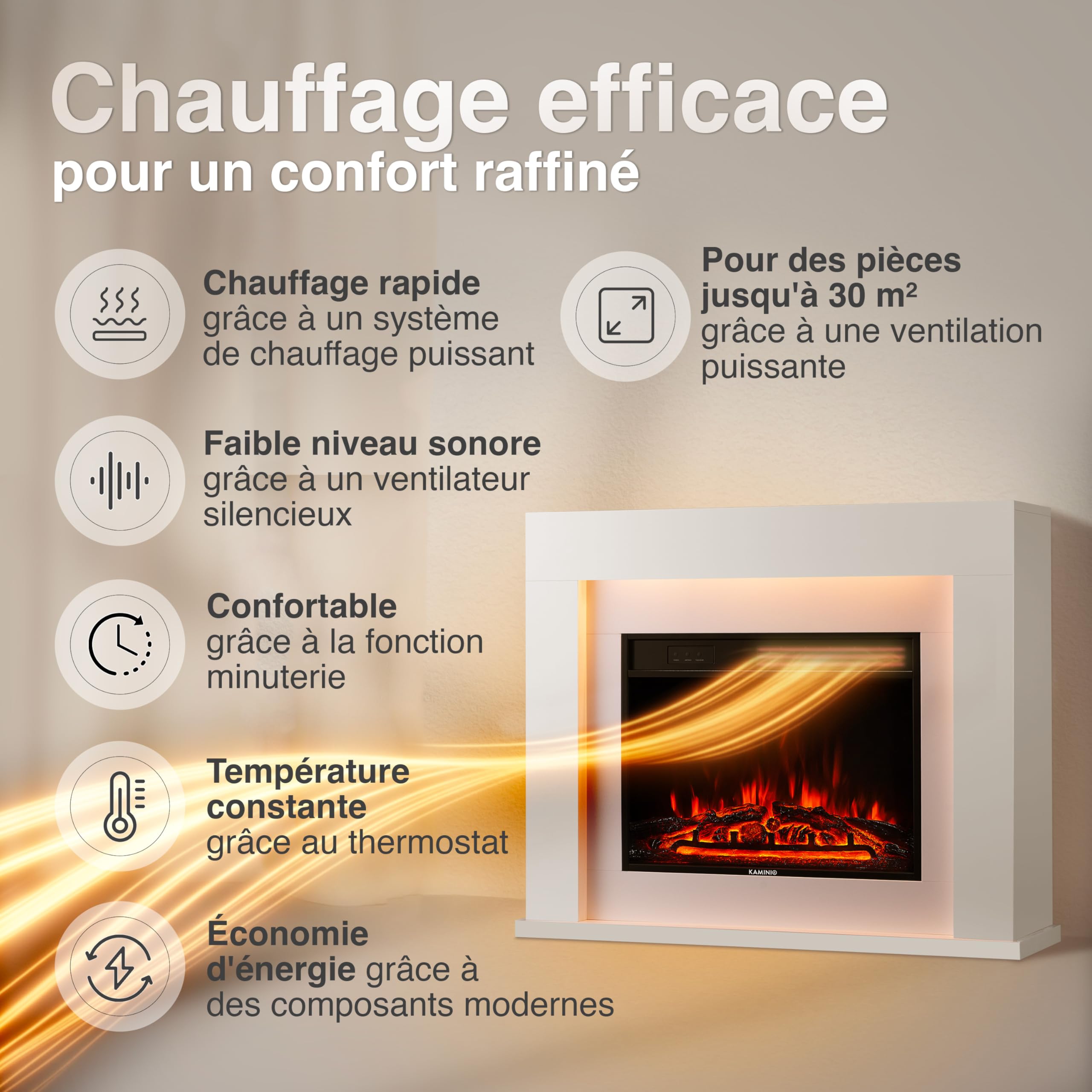 KAMINIO Cheminée Electrique Matti - Cheminée Électrique sur Pied avec Chauffage, Effet de Flamme 3D, lumière d'ambiance LED, télécommande - 38 Pouces (Blanc)