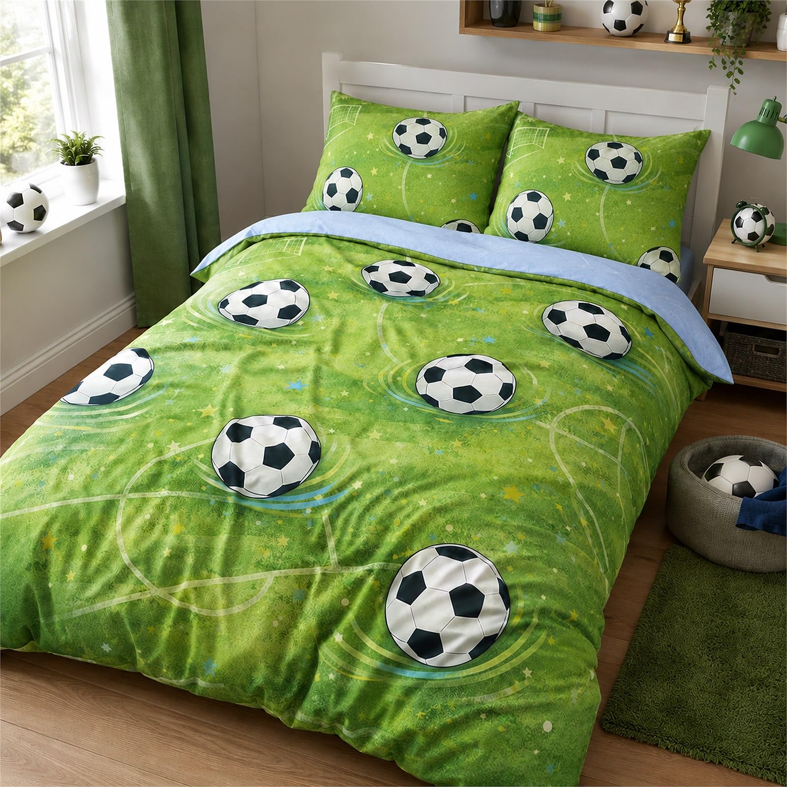 Vryxel Boys Kids Football Soft Bedding Double Duvet Cover Set Bed Zipper White Green 200 x 200 CM