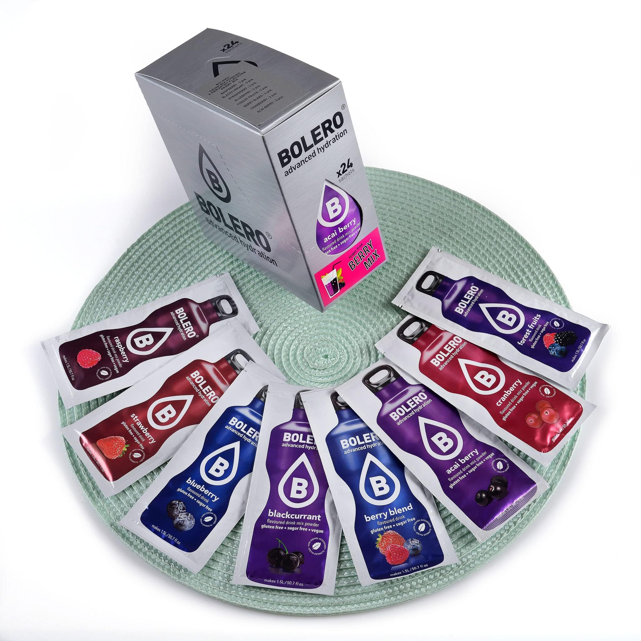 Boisson Boléro BERRY MIX | 24x9g I boisson rafraîchissante en poudre sans sucre édulcorée à la stévia | Vitamine C | pour diabétiques | arômes de baies | boissons pour la famille et les amis