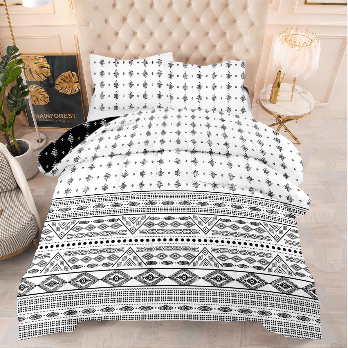 Queen Comforter Set, Boho Bedding Comforter Sets 3 Pcs Reversible Warm and Breathable Soft Bedding for All Seasons with 1 Comforter and 2 Pillowcases (White and Black, Queen)