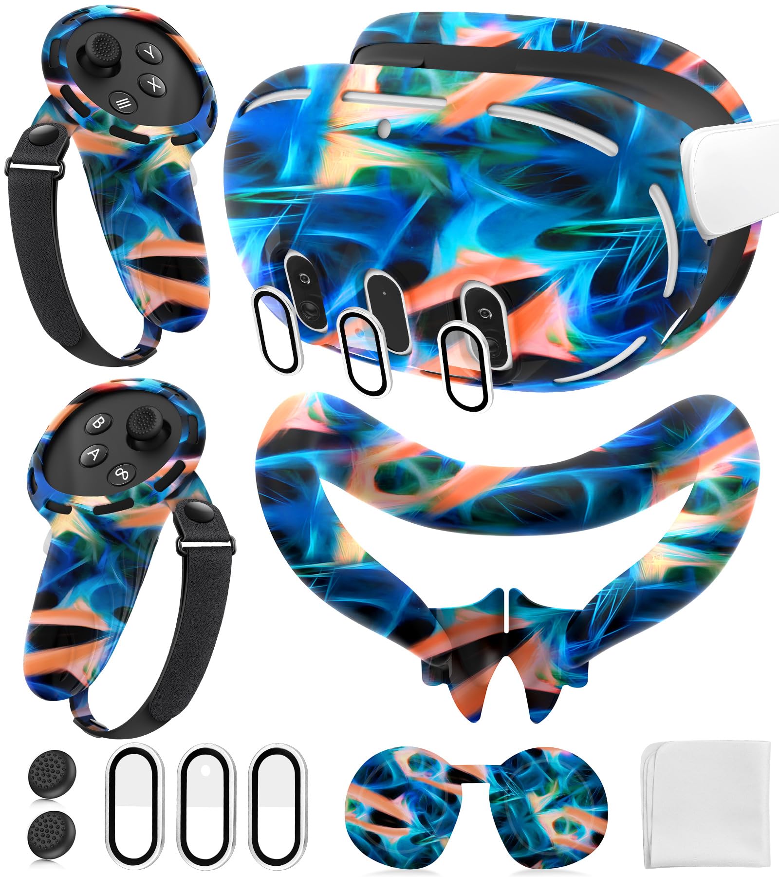 Silicone Cover Set Compatible with Oculus/Meta Quest 3 Accessories, Controller Grips Cover, VR Shell Cover, Facial Interface, Protective Lens Cover, Tempered Glass Lens Caps (Aurora Orange)