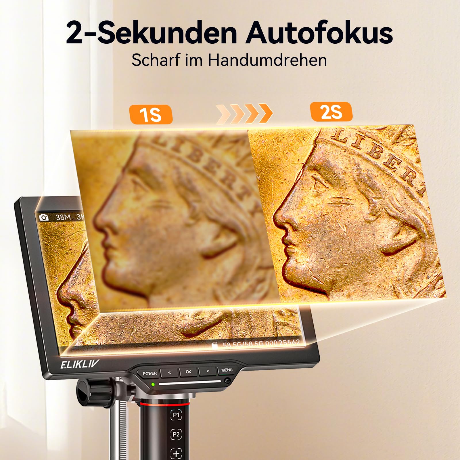 Elikliv EM3K-AF Max Microscopio Digitale 3K Autofocus HDMI, Schermo LCD da 10.1" e 38MP, per Saldatura e Riparazioni Elettroniche, Supporto da 10'', 64 GB