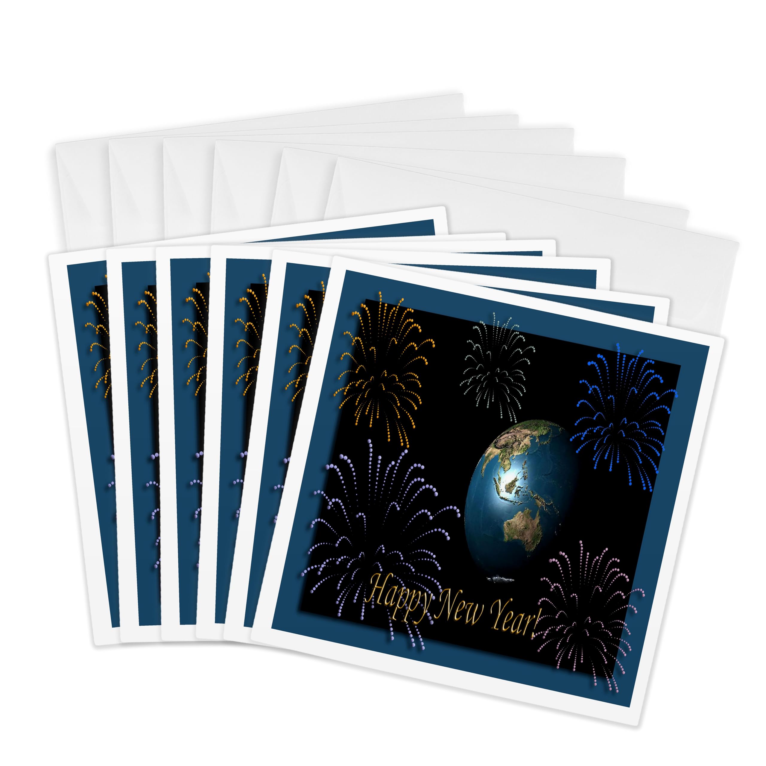 3Drose Earth with Fireworks 3D - Greeting Cards, 6 by 6-inches, Set of 6 (gc_16356_1)