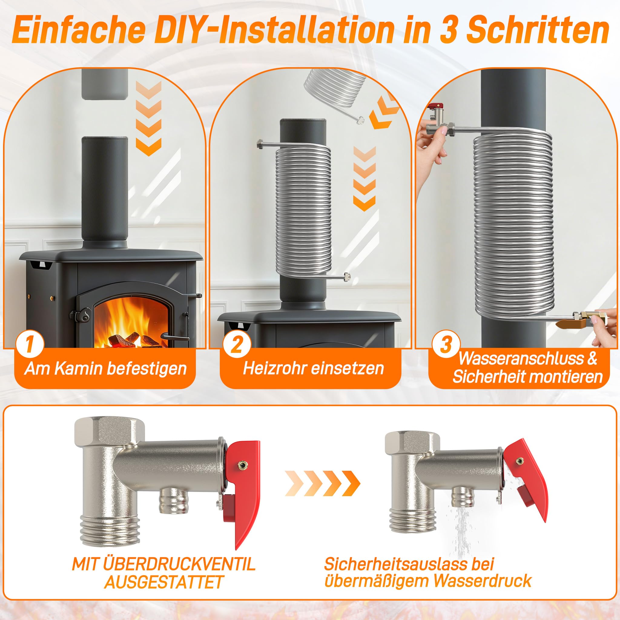 LZQ Edelstahl Rauchrohr Wärmetauscher Spirale, Flexible Heizschlange Schornsteinheizung Wärmetauscherspule für Wassererwärmung, Abgaswärmetauscher für Kamin & Ofen, 12,5 cm Innenmaß, 1/2'' Anschluss