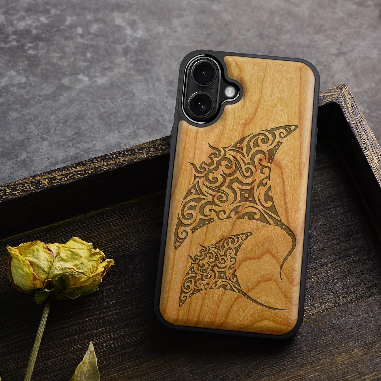 Carveit Magnetic Wooden Case for iPhone 17 Case, Wood Artisan Engraved & Black Soft TPU Shockproof Cover, Compatible with MagSafe Wireless Chargers (Manta Rays) Cherry