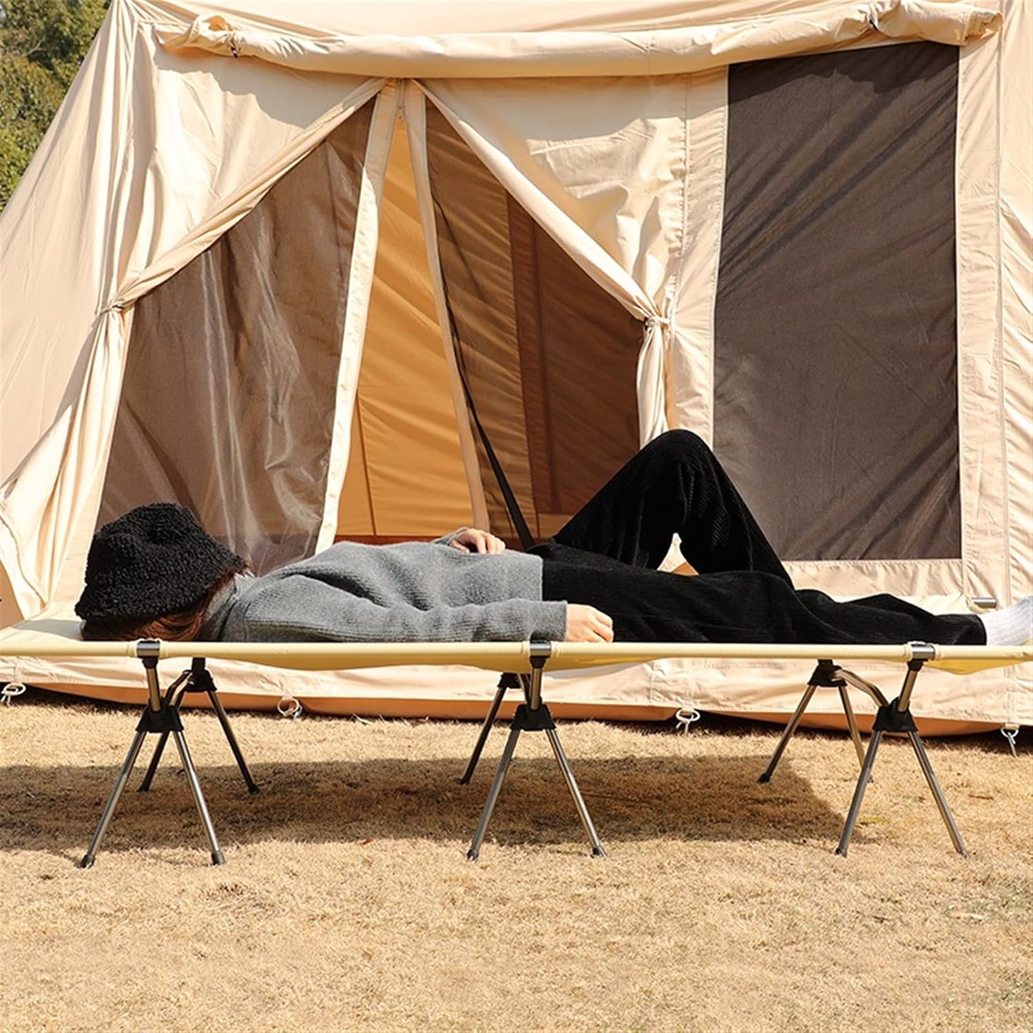 Folding Bed Portable Folding Bed Camping Cots Compact Ultralight Camping Bed Outdoor Beach Travel Tent Sleeping Fishing Cots Portable Bed (Color : Khaki) (Black)