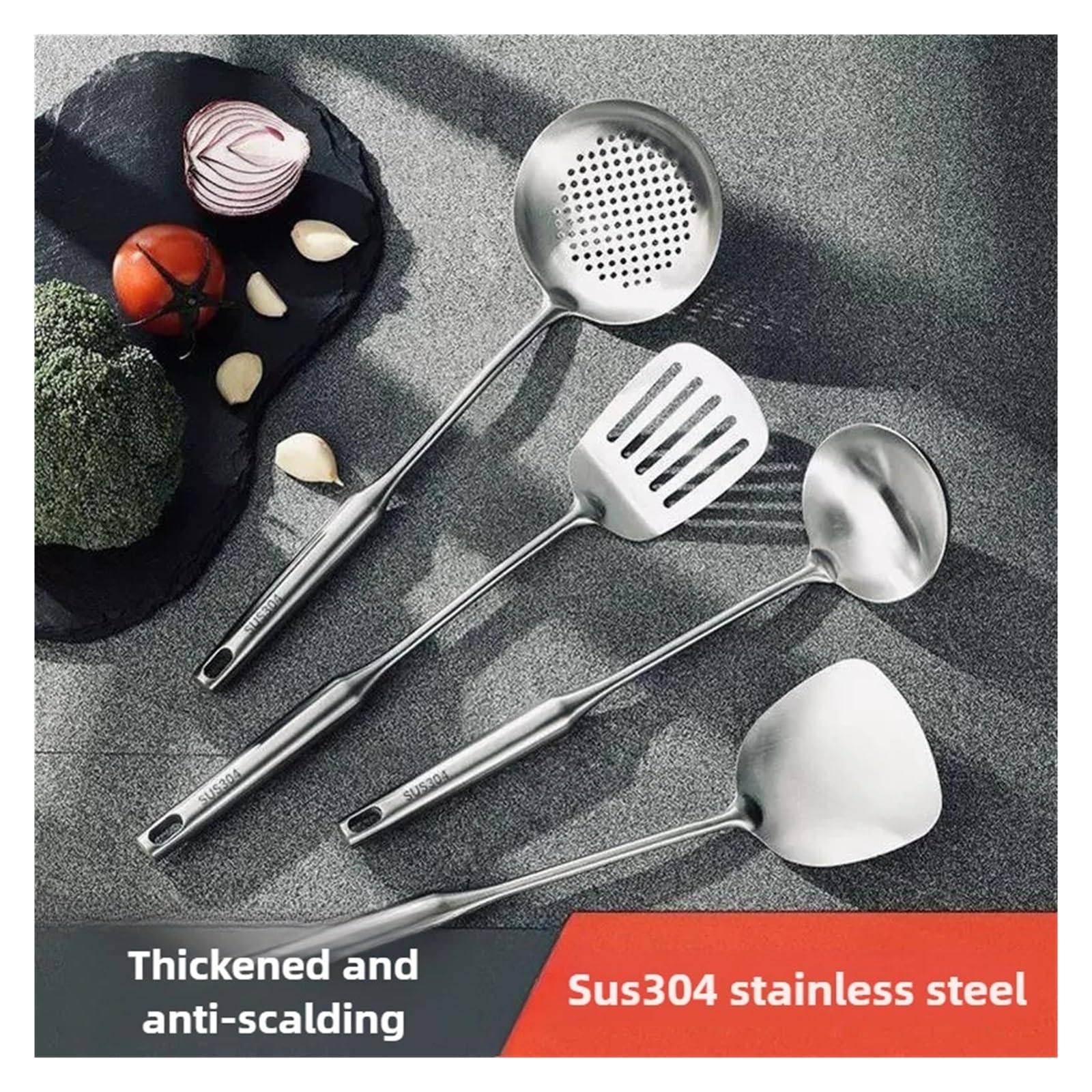 Espátula for Wok de acero inoxidable 304, utensilios cocina Metal, cuchara giratoria ranurada, cucharón, herramientas, juego(3PCS set C)