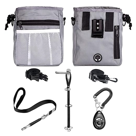 4-in-1 Dog Training Set, Puppy Training Treats- Dog Treat Training Pouch, Bark Control Whistle, Dog Doorbells, Dog Clicker, Ideal Gift for First Time Pet Owners, Training Dog Owners (Gray)