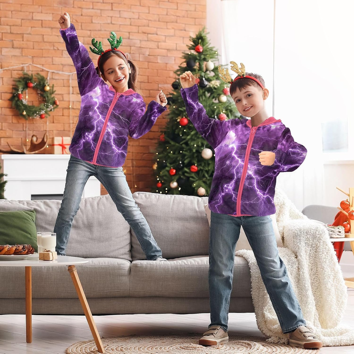 ALAZA Purple Lightning Hoodie Jacket for Girls Toddler Fleece Zip Up Coat Plush Jacket Long Sleeve Outerwear for 3 Years