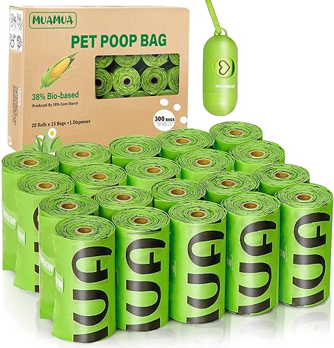 Biodegradable Dog Poop Bags 300 Count, 20 Rolls, Recyclable Waste with Dispenser, Large 9 x 13 Inches, Extra Thick, Leak Proof for Dogs and Cats